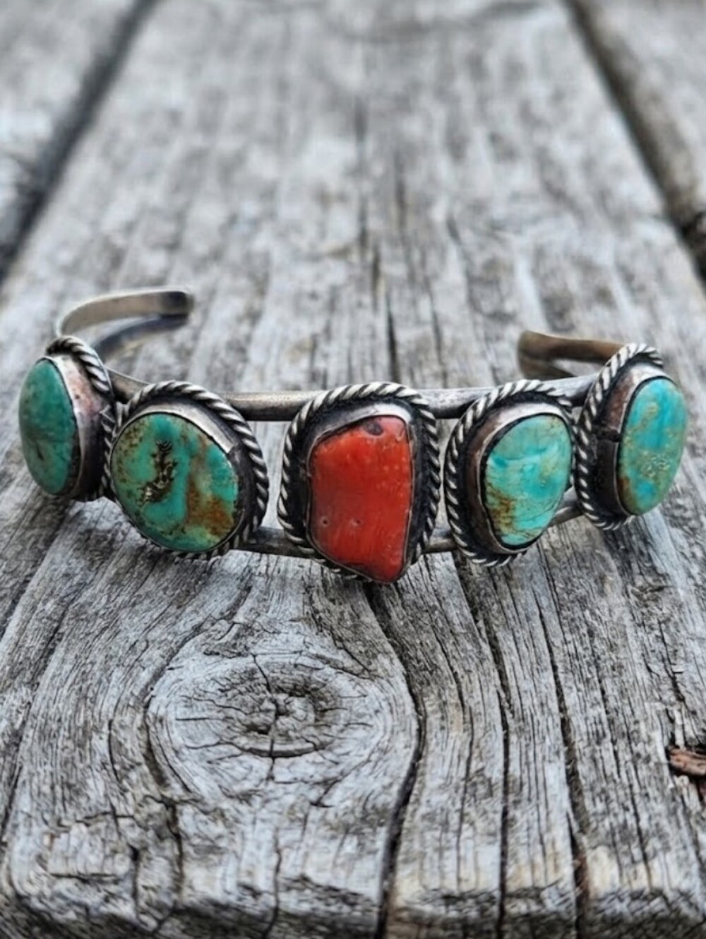 Sterling Silver Vintage Turquoise & Coral Cuff Bracelet